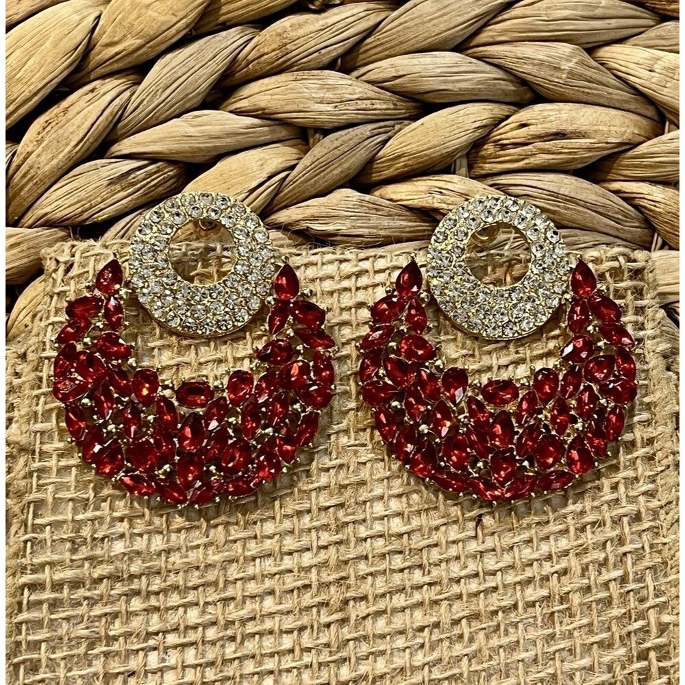 Vintage Earrings Clip On Door Knocker Crystal Encrusted Hoop Chunky